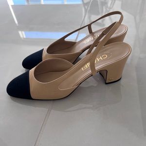 Chanel beige and black slingback heels